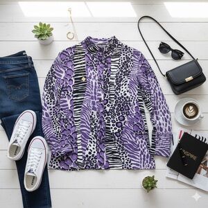 ONQUE WOMAN Purple Mixed Animal Print Button Front Jacket Shirt 100% Cotton 3X